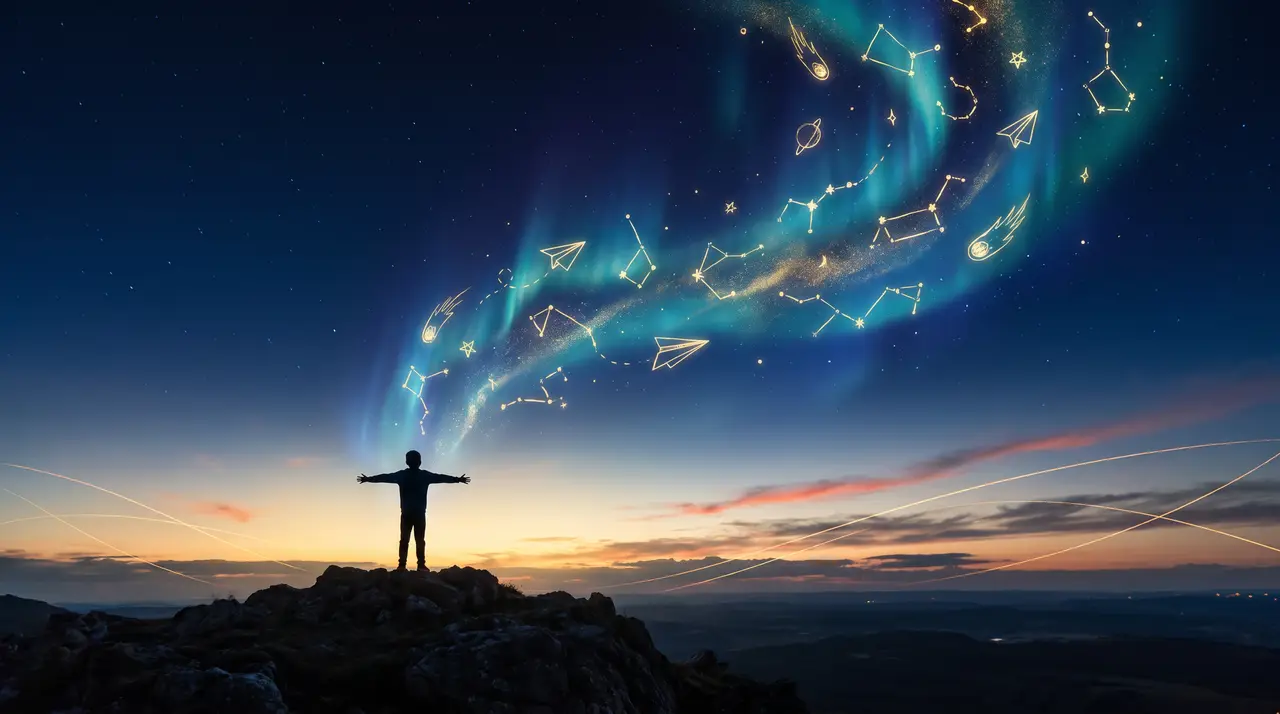 A boy seen from behind beneath an aurora