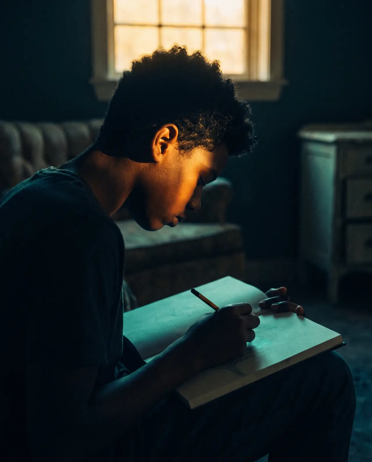 A boy in partial profile sketching in a notebook
