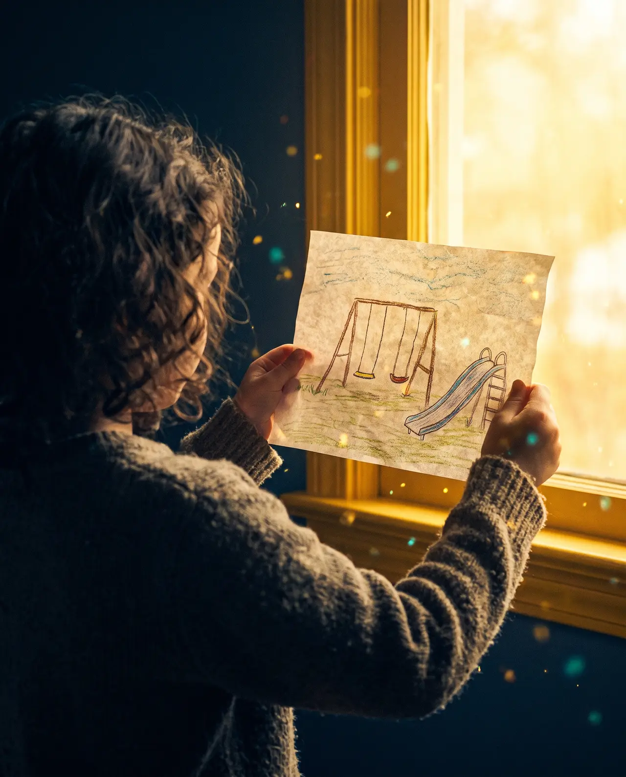 A girl in silhouette drawing at a window at night
