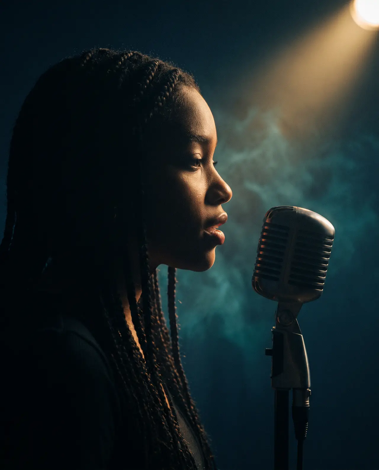 A girl in silhouette speaking into a microphone