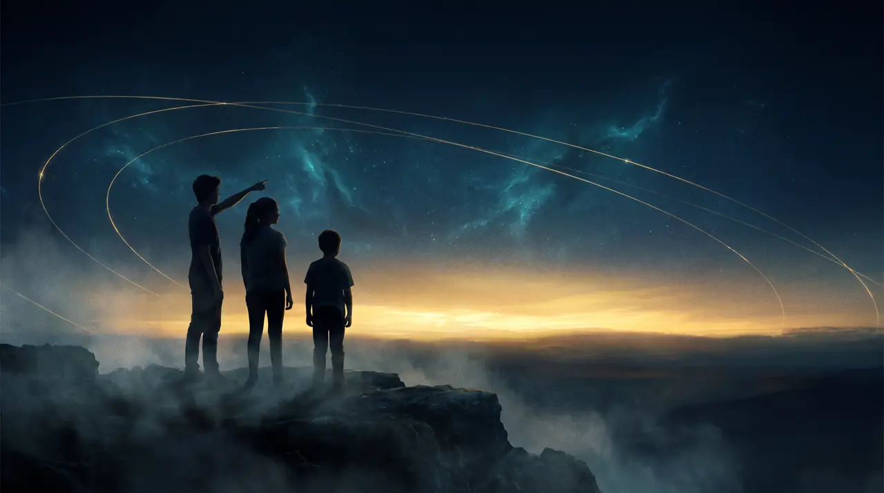 Three young people facing a luminous horizon together