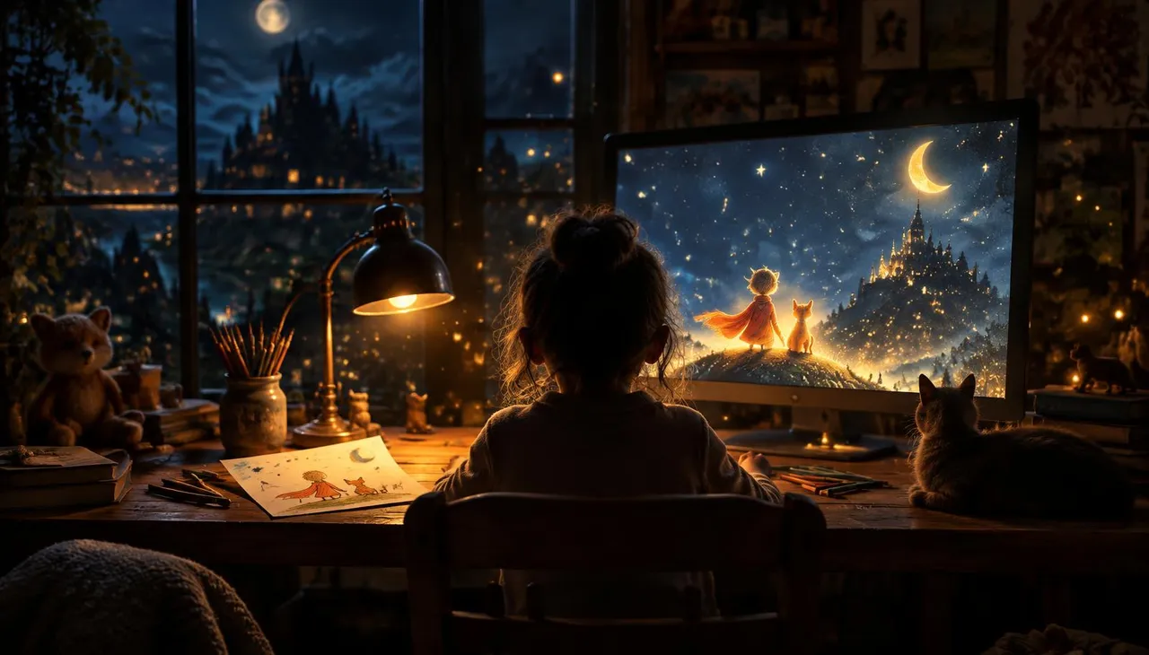 A child at a desk at night, her crayon drawing beside a screen showing it as an animated scene