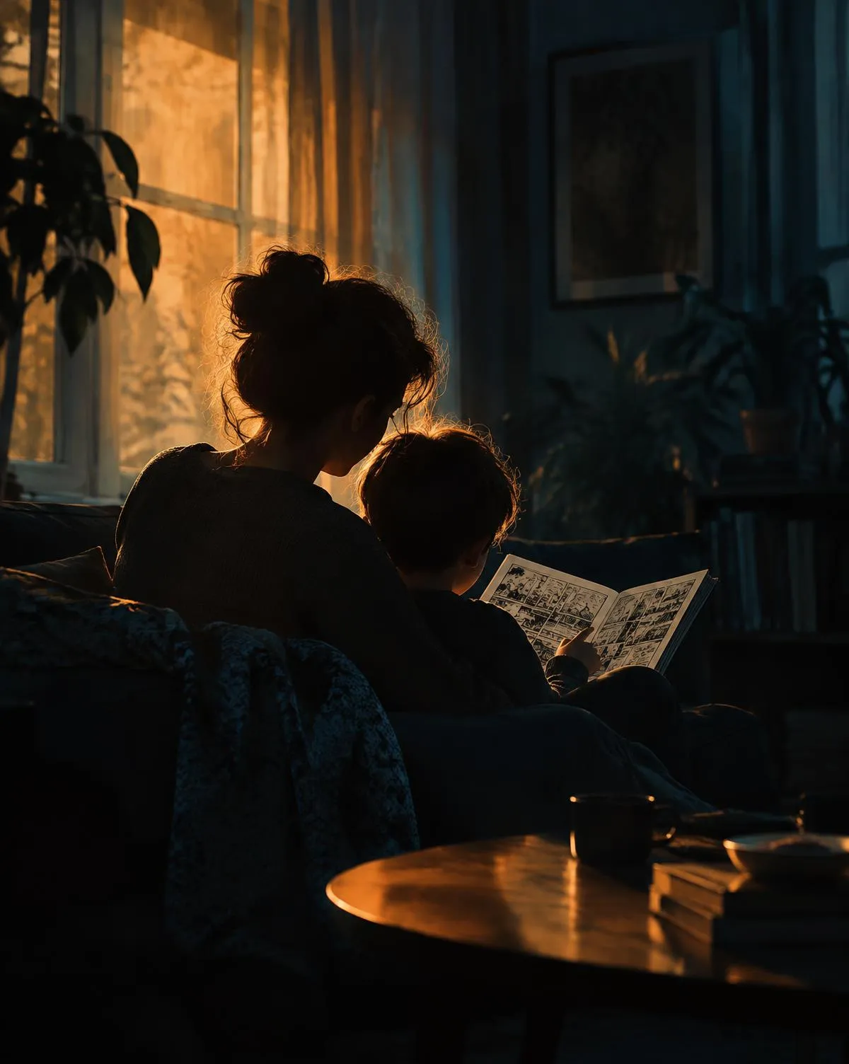 A parent and child reading a comic together by warm window light